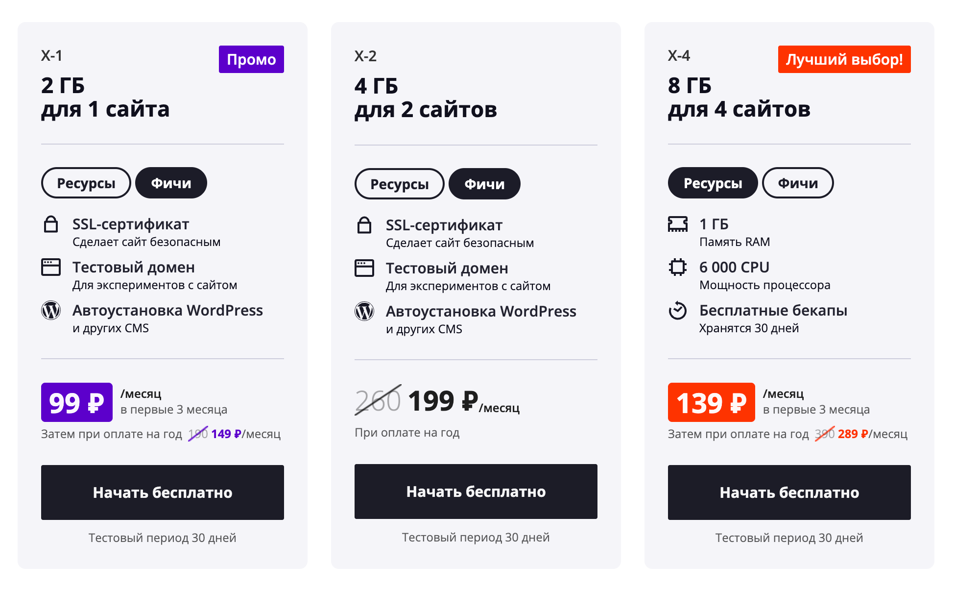 Тарифы хостинга с ценой 99 рублей за первые 3 месяца и пробным периодом 30 дней